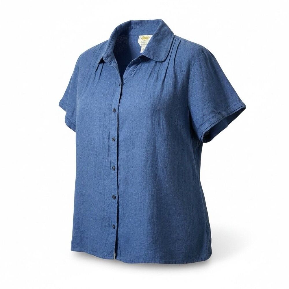 Talbots Womens Short Sleeve Navy Blue Linen Button Up Shirt Size XL Round Collar